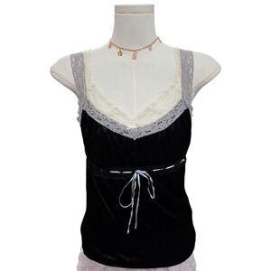 25 Self Service Babydoll Camisole Black Velvet Grey Lace Top